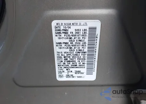 2005 Nissan Murano Sl из США, поврежденный, VIN JN8AZ08W05W408459